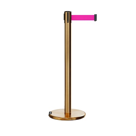 Montour Line Retractable Belt Rolling Stanchion, 2.5ft Sat.Brass Post 9ft. Fl.Pnk P400RL-SB-FPK-90